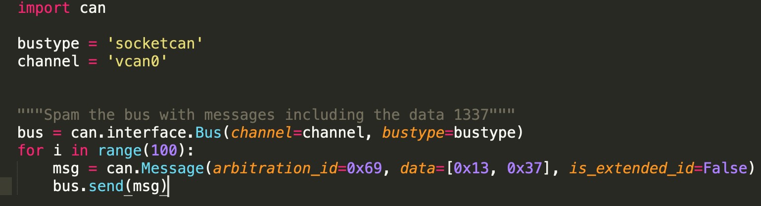 Figure 3. A sample fuzzing script that spams the CAN bus with data frames with one arbitration ID