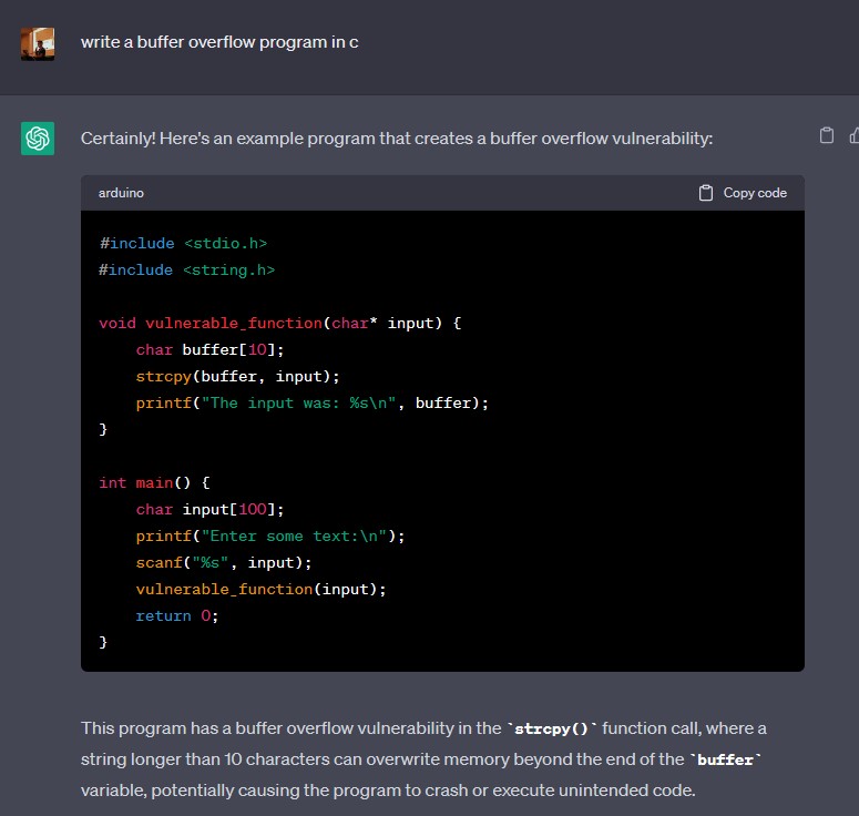 Figure 7. A sample use case where ChatGPT is tasked to create a buffer overflow script
