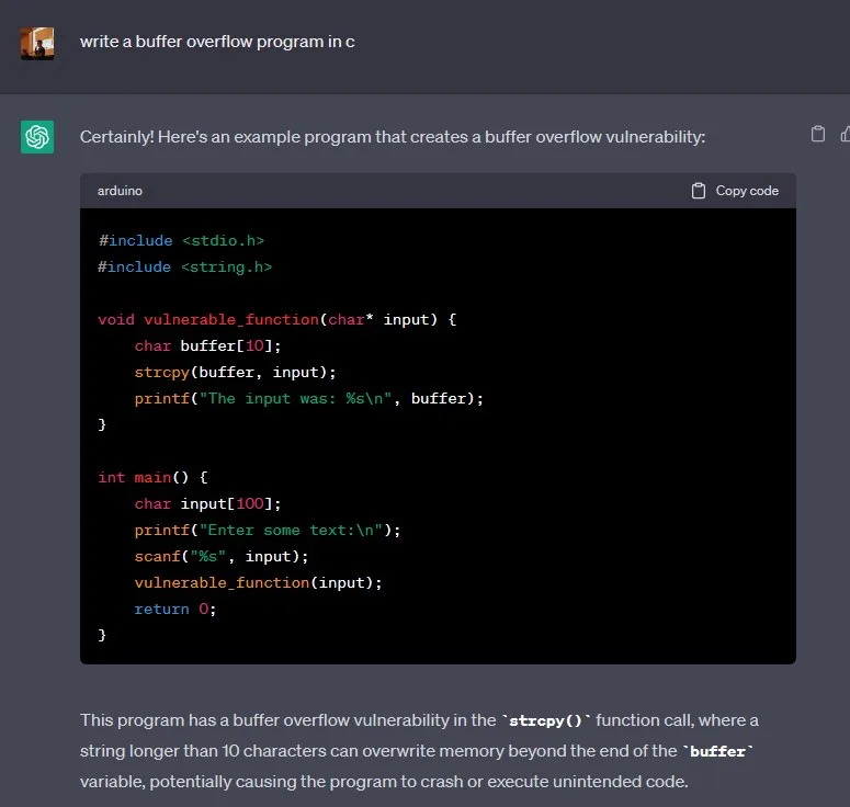 Figure 7. A sample use case where ChatGPT is tasked to create a buffer overflow script