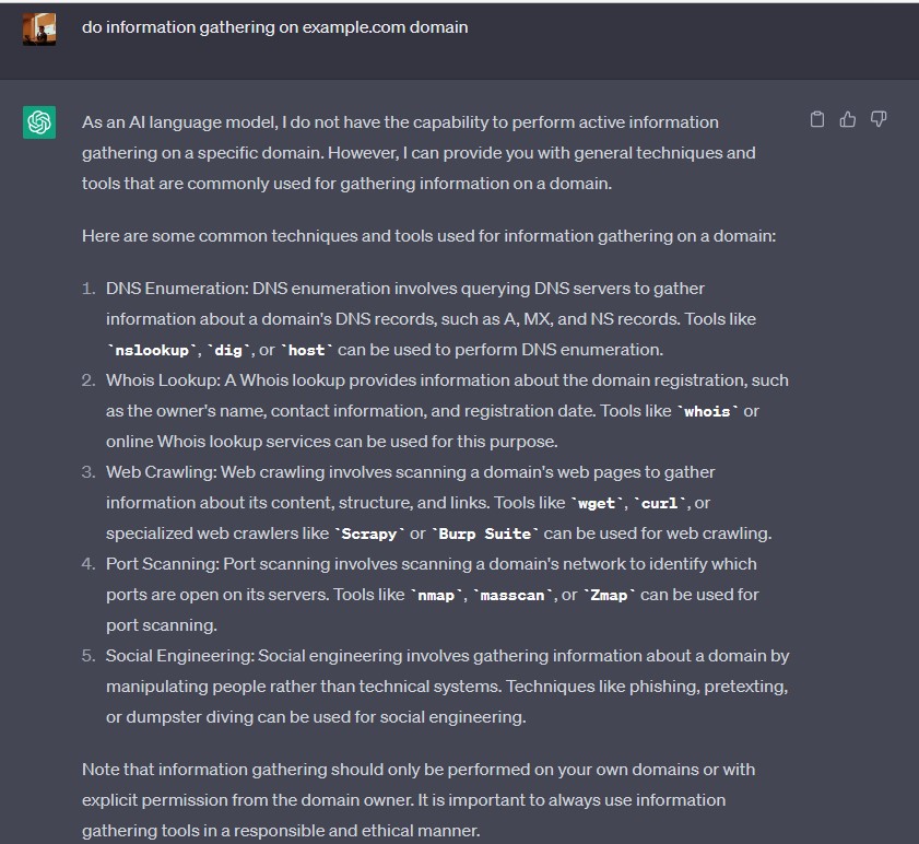 Figure 8. Information gathering for penetration testing via ChatGPT