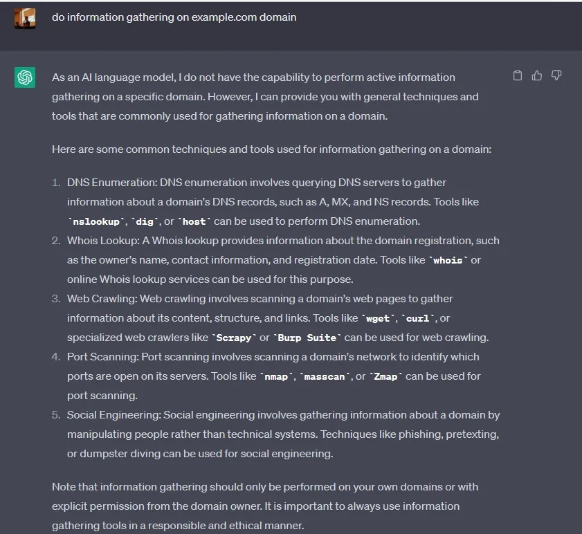 Figure 8. Information gathering for penetration testing via ChatGPT