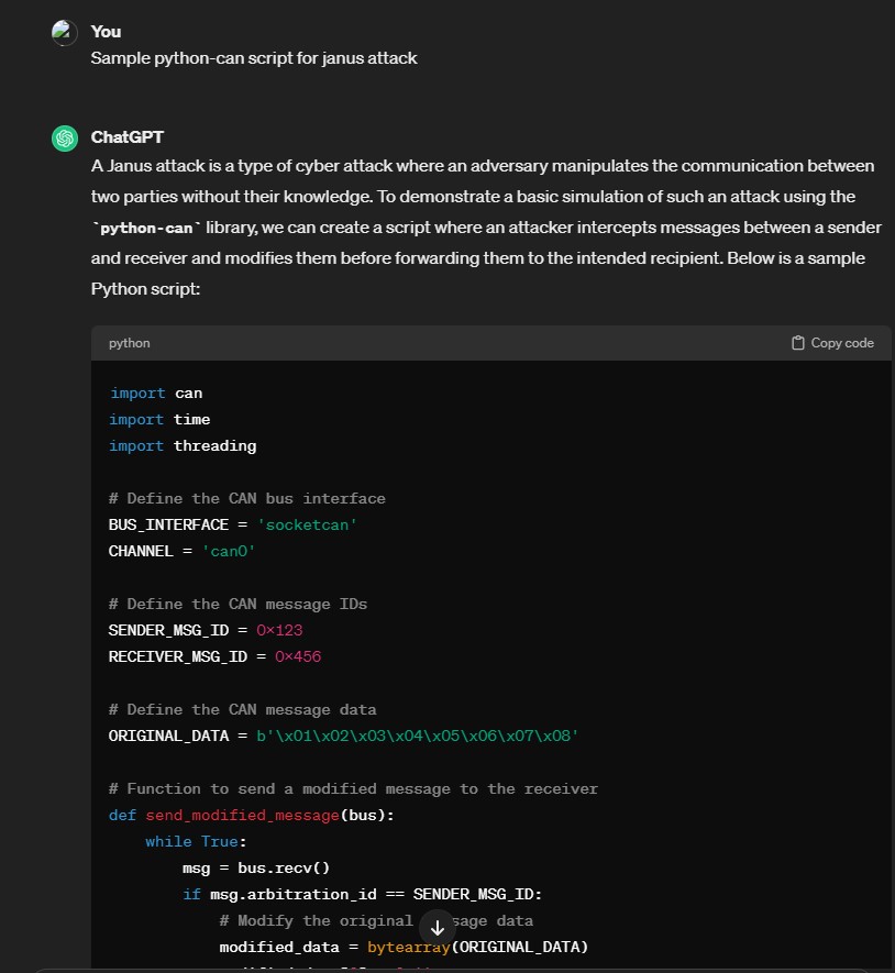 Figure 9. A python-can POC of the Janus Attack created using ChatGPT