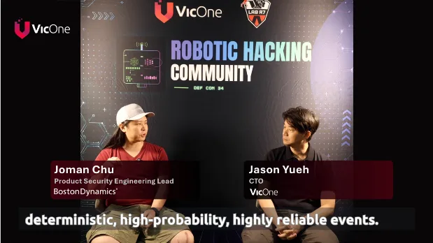 Joman Chu of Boston Dynamics and Jason Yueh of VicOne discuss how cyber threats can change the likelihood of hazardous robot behavior at DEF CON 34. 