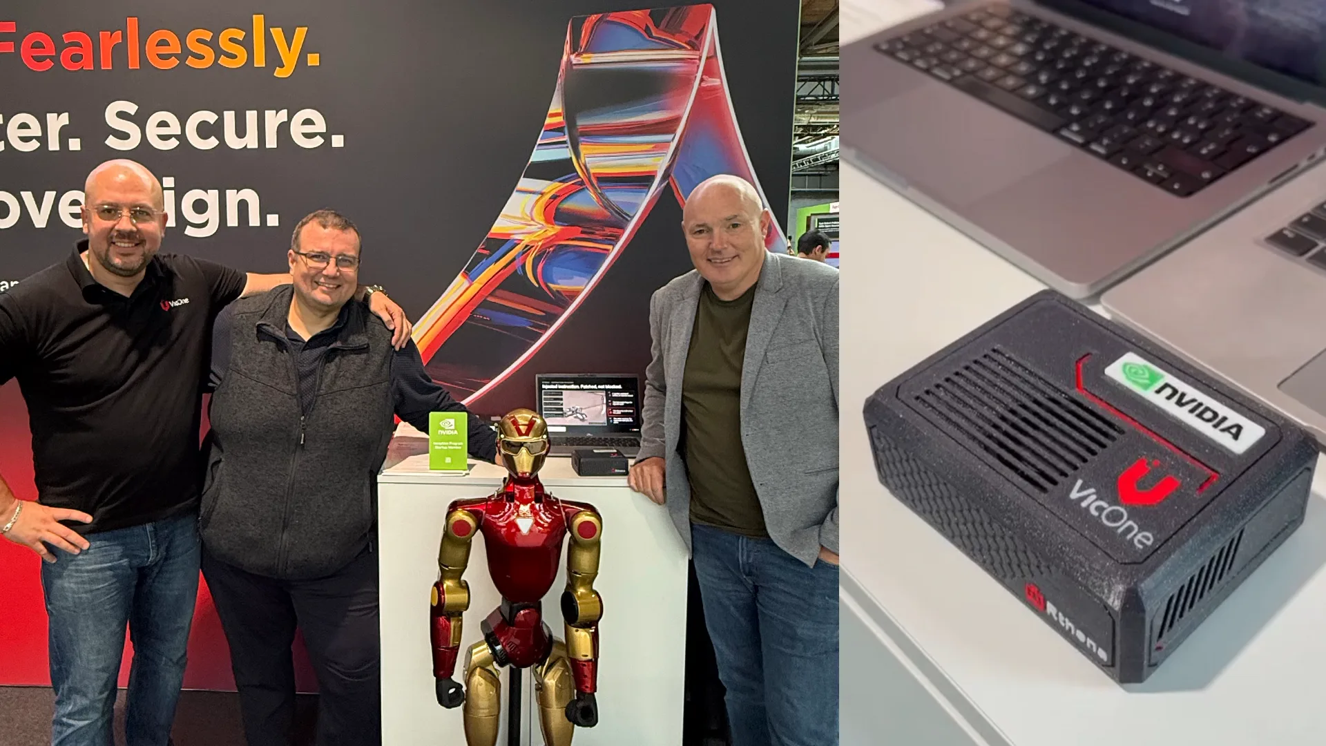Left: The VicOne team showcasing Physical AI cybersecurity demonstrations for pre-deployment testing and runtime protection at NVIDIA GTC Berlin.  Right: VicOne Rthena uses AI to protect AI, with NVIDIA Nemotron serving as the foundation for training its AI cybersecurity model and bringing protection to the robot’s edge.
