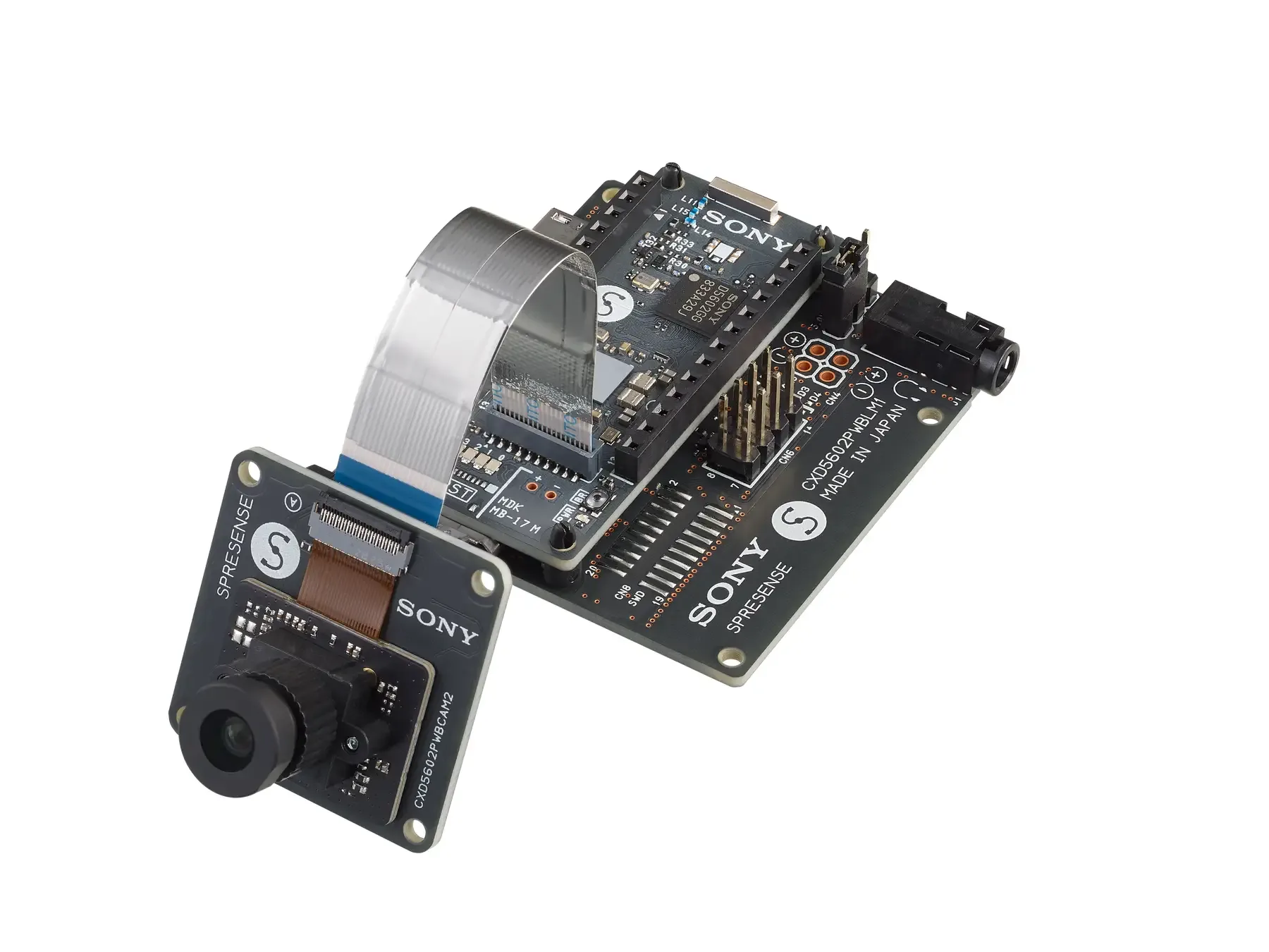 SPRESENSE, the Internet of Things (IoT) board computer developed by Sony Semiconductor Solutions Corporation, shown with a camera board attached. Image: Sony Semiconductor Solutions Corporation.