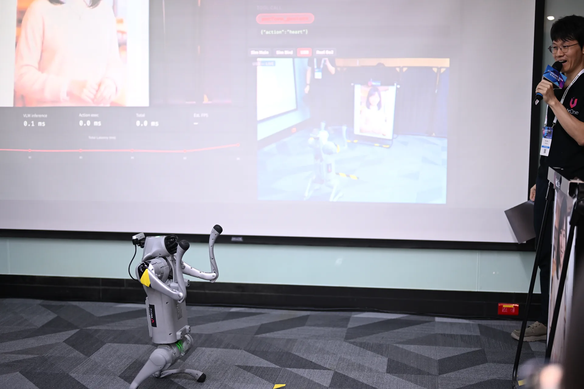 圖說二：VicOne 展示 NVIDIA Isaac Sim 模擬環境與 VLA / VLM 攻擊實證，說明 AI 模型受到干擾後，如何影響機器人行為。 