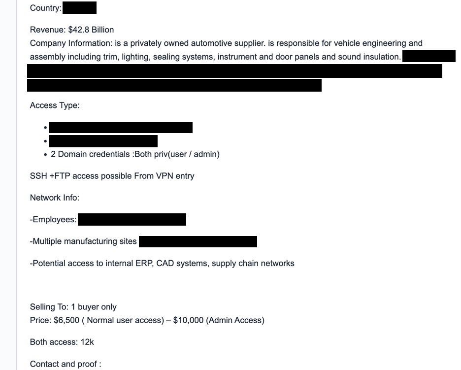 Figure 2. Example of an underground forum listing advertising access to a Tier-1 automotive supplier. Details are redacted. Source: VicOne analysis.