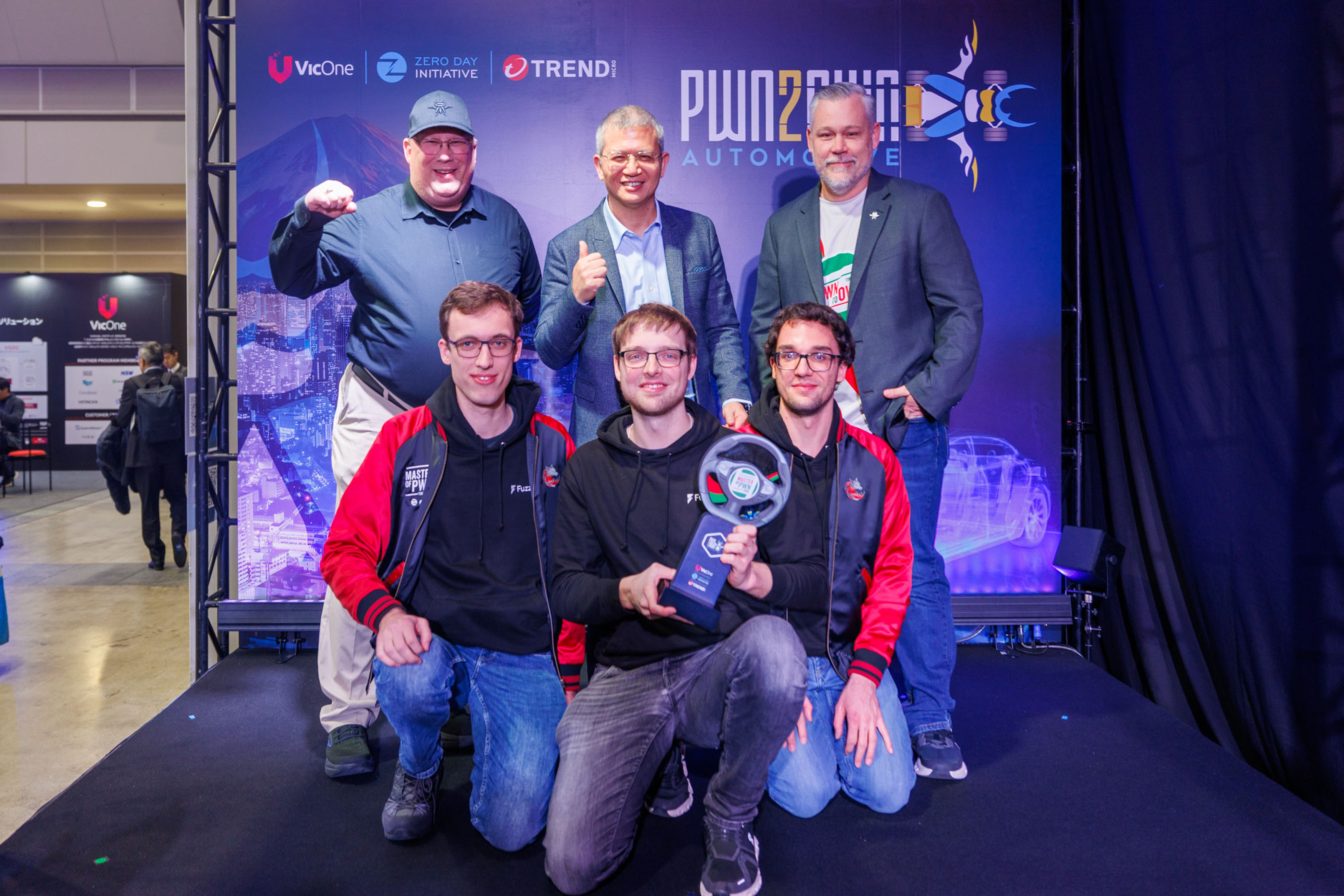 Figure 2. 2026 Master of Pwn, Fuzzware.io, with Dustin Childs, Head of Threat Awareness of TrendAI ZDI, Max Cheng, CEO of VicOne, and Brian Gorenc, Vice President of Threat Research at TrendAI ZDI. 